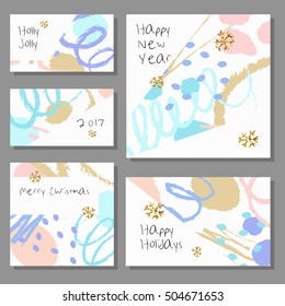 Collection of New Year and Christmas cards. Greeting card set with hand drawn abstract background. Posters set. Colorful vector illustration