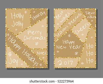 Collection of New Year and Christmas cards. Greeting card set with golden texture. Posters set. Vector illustration