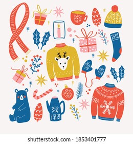 Collection of new year and christmas elements. Traditional winter holiday decoration, clothes, gifts and animals, isolated. Colorful vector illustration