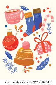 Collection of new year and christmas elements. Traditional winter holiday decoration, clothes, gifts. Colorful vector illustration
