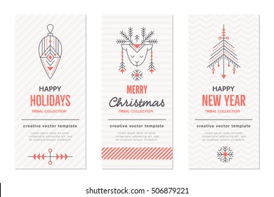 Collection of New Year and Christmas greeting card templates with holiday symbols (hanging decoration, reindeer, xmas tree). Creative tribal line style design layout. Minimalistic black and red set
