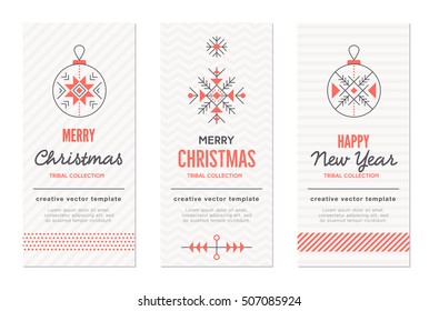 Collection of New Year and Christmas greeting card templates with holiday symbols (hanging christmas balls and snowflakes). Creative tribal line style design layout. Minimalistic black and red set