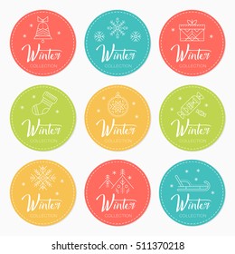 Collection of New Year and Christmas greeting badges with holiday symbols. Creative tribal line style design layout. Minimalistic colorful design set