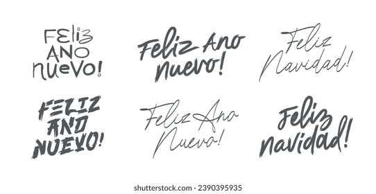 Collection of New Year and Christmas inscriptions in Spanish. Feliz Ano Nuevo! Feliz Navidad! Beautiful lettering and calligraphy. Elements for design of Christmas cards. Drawn with a brush by hand