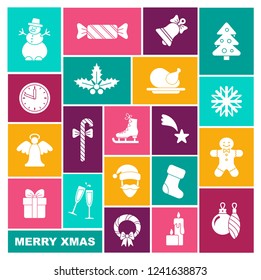 A collection of new year and Christmas symbols on rectangles with long shadows. Vector icons