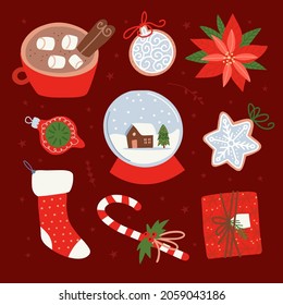 Collection of New Year decorations, Christmas 2021 Glowing red-toned gifts, Christmas sock, cocoa cup, gingerbread, Vector flat hand drawn illustration