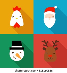 Collection New Year icons with a rooster, Santa, snowman and deer. Flat elements. Vector illustration.