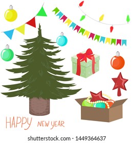 Collection of new year items. Vector image isolated on white background.