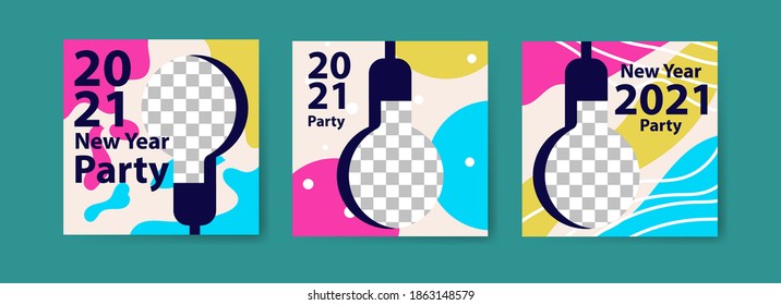 Collection of new year party social media posts with light bulbs. fashion advertising. Offer social media banners. vector photo frame mockup illustration