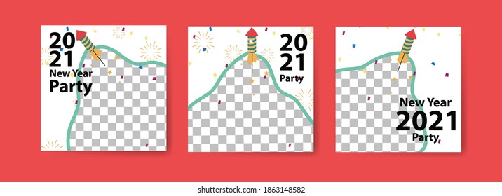 Collection of new year party social media posts with fireworks. fashion advertising. Offer social media banners. vector photo frame mockup illustration