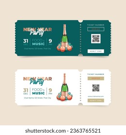 Collection of New Year Party ticket templates. Winter holiday invitations. Realistic illustration of a champagne bottle decorated with Christmas balls and fir tree branches. Vector 10 EPS.