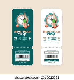 Collection of New Year Party ticket templates. Winter holiday invitations. Realistic illustration of a champagne bottle and a clock decorated with Christmas balls and fir tree branches. Vector 10 EPS.