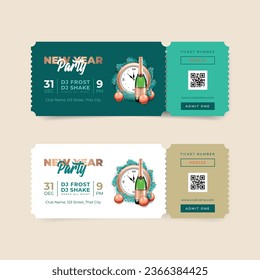 Collection of New Year Party ticket templates. Winter holiday invitations. Realistic illustration of a champagne bottle and a clock decorated with Christmas balls and fir tree branches. Vector 10 EPS.