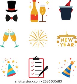 A collection of new year related elements such as champagne bottles, fireworks and party hats.
