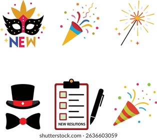 A collection of new year related elements such as fireworks, party hats and party masks.