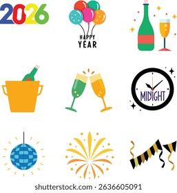 A collection of new year related elements such as champagne bottles, fireworks, balloons and clock striking midnight.