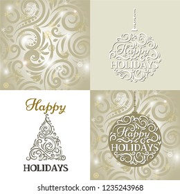 Collection of New Year set: Seamless background, Swirls New Year Tree,  Ball toy (made of swirls) and a Card.  Shimmering Golden & Silver colors.