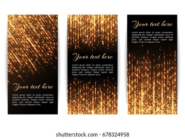 Collection of New Year's banners with flickering golden rays and particles of sparkling lights.
