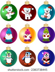 Collection of New Year's Christmas balls.Vector set of Christmas tree decorations with gnomes, penguins and polar bears in the decor.