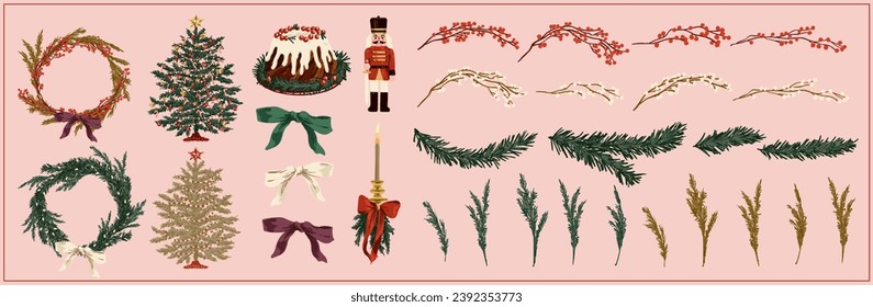 Collection of New Year's and Christmas design elements. Wreath, fir tree, ribbon, nutcracker and other	
