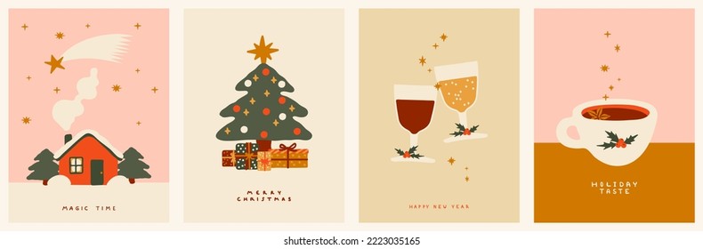 Collection of New Year's and Christmas posters. Winter House, fir tree, sparkling wine glasses and Cocoa mug