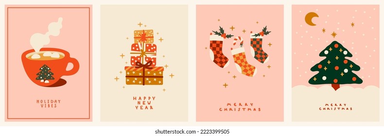 Colección de afiches de Año Nuevo y Navidad. Mugre de cacao, cajas de regalo, medias de vacaciones y árbol de Navidad