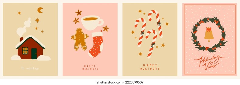 Collection of New Year's and Christmas posters. Winter House, gingerbread man, cane candy glasses and wreath