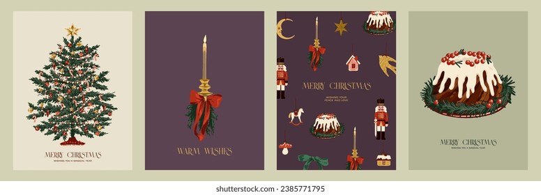 Collection of New Year's and Christmas posters. Fir tree, candle and cake