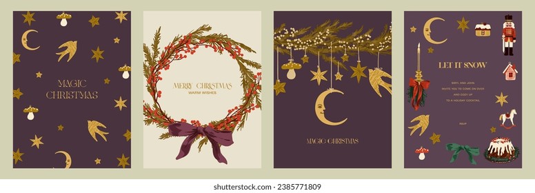Collection of New Year's and Christmas posters. Wreath, ribbon, snowlakes and other
