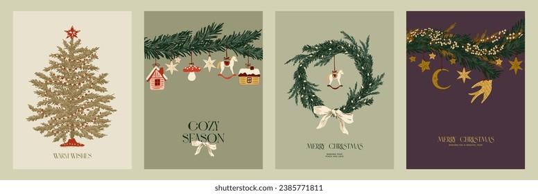 Collection of New Year's and Christmas posters. Fir tree, wreath and toys