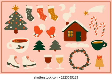 Collection of New Year's and Christmas Staff. Socks, fir tree, cane candy, wreath and other