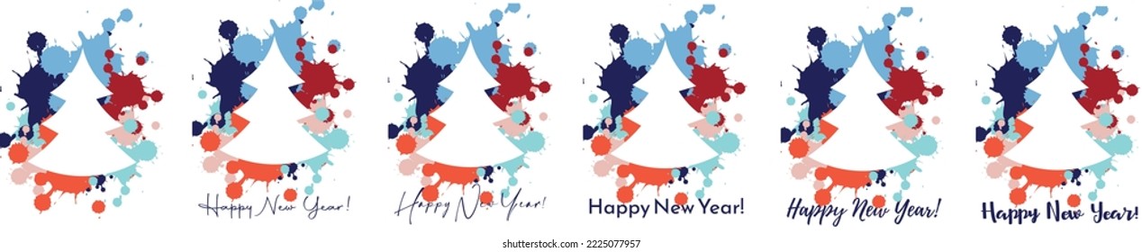 Colección de afiches de Año Nuevo en forma de coloridos manchas creativas con un árbol de Navidad y el texto de un feliz año nuevo con un fondo blanco