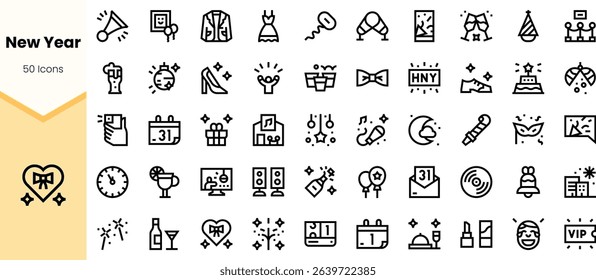 A collection of New Year-themed icons featuring various celebratory symbols like champagne, party hats, clocks, and confetti in a stylish outline design.