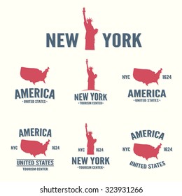 Collection of New York, America, USA icon or logo.  Set of vector stamps, seals, banners, labels, badges.  
