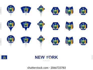 Collection of the New York flag in different shapes and with three different effects. Vector flag set.