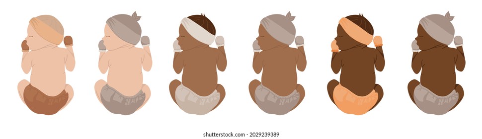 Collection of newborn baby with different skin tone. New baby in diapers sleeping quietly. Ideas for baby shower invitation card, poster. African and European children.