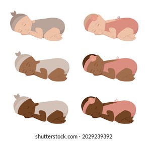 Collection of newborn baby with different skin tone. New baby in romper lying and sleeping. Girl and boy children.