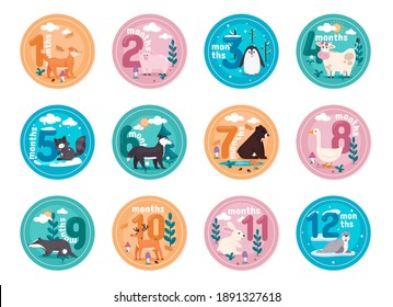 Collection for a newborn baby girl from 1 to 12 months, isolated on white background. Monthly baby stickers with cute animals to capture baby's special moments. Vector illustration