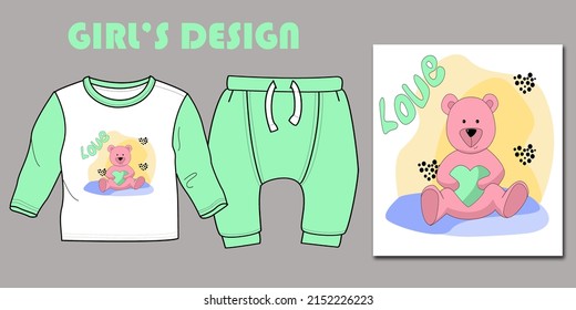 Collection of newborn and toddler wear design: t-shirt and pants and teddy bear print