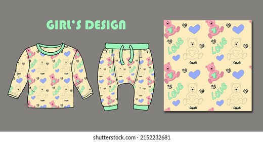 Collection of newborn and toddler wear design: t-shirt and pants and teddy bear seamless pattern for girl