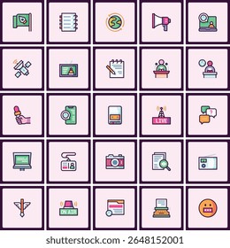 Collection of News and Media Filled Line Icons with Bold Outlines Design