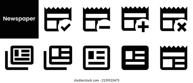 Sammlung von Zeitungssymbolen. Schwarz-Flachsymbol einzeln auf weißem Hintergrund