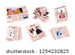 Collection of newspapers isolated on white background. Bundle of periodical publications of various articles - news, food, business. Colorful vector illustration in modern flat cartoon style.