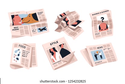 Collection of newspapers isolated on white background. Bundle of periodical publications of various articles - news, food, business. Colorful vector illustration in modern flat cartoon style.