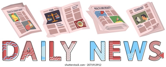 Collection of newspapers isolated on white background. Bundle of periodical publications of various articles, news, food, technology. Paper publications with daily news inscription vector illustration