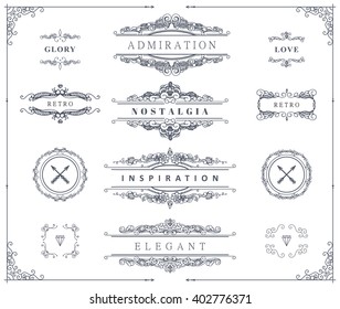 Collection of nice vintage patterns. Flourishes calligraphic ornaments and frames. Retro style of design elements, postcard, banners, dividers, logos. Vector template