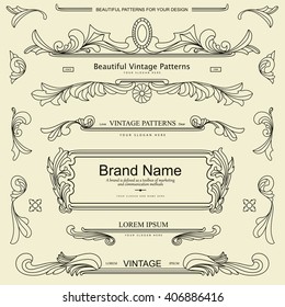Collection of nice vintage patterns. Flourishes calligraphic ornaments and frames. Retro style of design elements for postcards, posters, banners, dividers, invitations, logos. Vector template