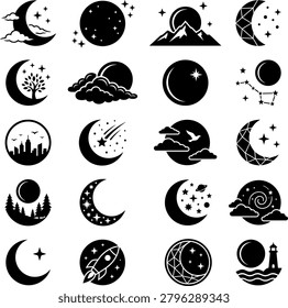 Collection of night sky and celestial icons with moons, stars, clouds, mountains, trees, city, telescope, and constellations.