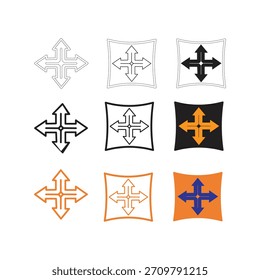 Colección de nueve Vector de icono de estiramiento de 4 vías que muestra un diseño de flecha direccional en varios estilos de color y línea