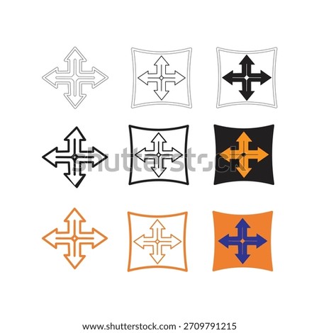 Collection of nine 4 way stretch icon vector displaying a directional arrow design in various color and line styles